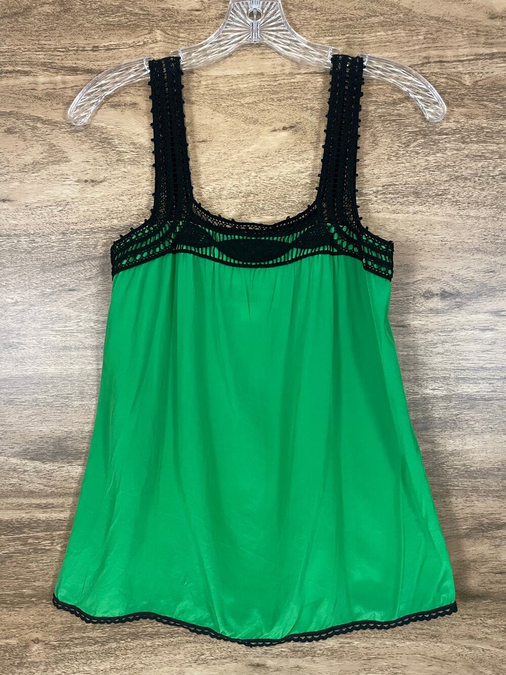 Diane Samandi 100% Silk Green Tank Top P Crochet Trim Sleeveless Boho Blouse